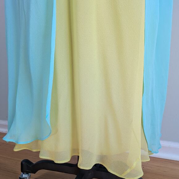 Vintage Prom Dress Maxi Gown 2P Blue Yellow Y2K Silk Fairy Babydoll Empire Split - Picture 5 of 12